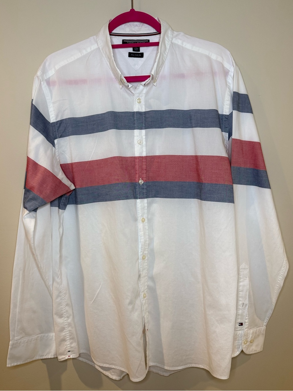 Tommy Hilfiger Striped Button-Down Shirt in White, Blue & Red
